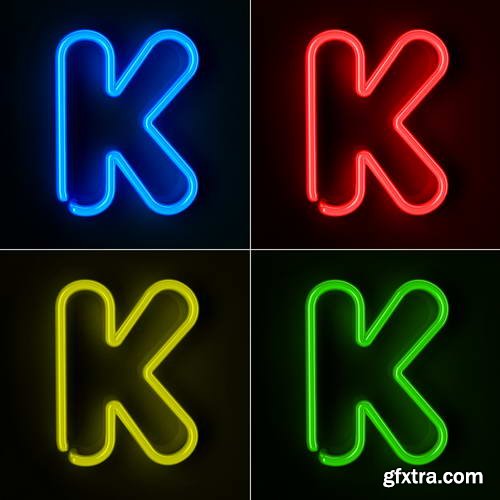 Neon Letters Rendered in 4 Colours on Dark Background 26xJPGs