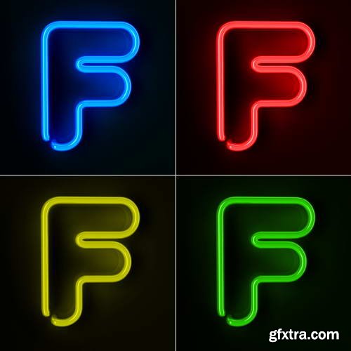 Neon Letters Rendered in 4 Colours on Dark Background 26xJPGs