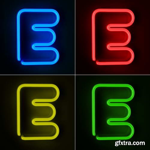 Neon Letters Rendered in 4 Colours on Dark Background 26xJPGs