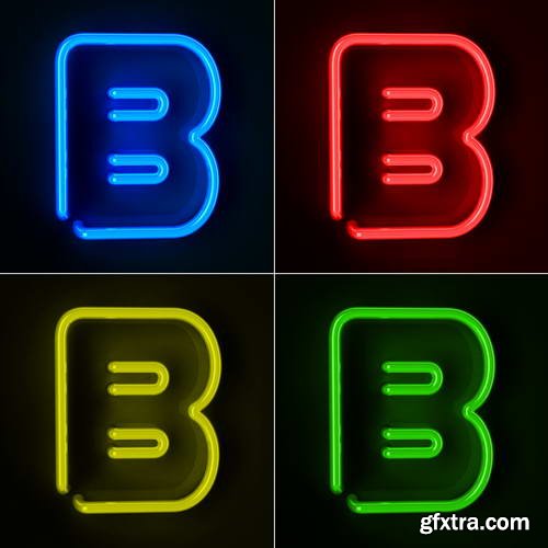 Neon Letters Rendered in 4 Colours on Dark Background 26xJPGs