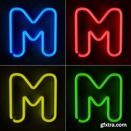 Neon Letters Rendered in 4 Colours on Dark Background 26xJPGs