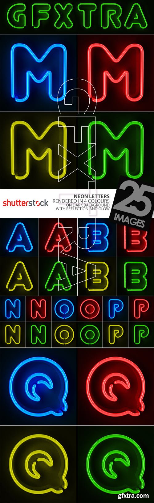 Neon Letters Rendered in 4 Colours on Dark Background 26xJPGs