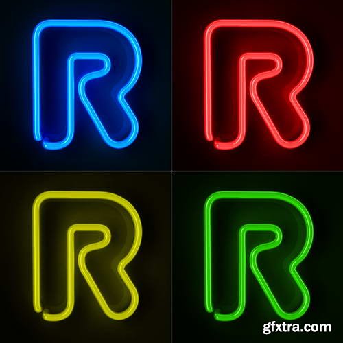 Neon Letters Rendered in 4 Colours on Dark Background 26xJPGs