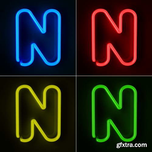 Neon Letters Rendered in 4 Colours on Dark Background 26xJPGs