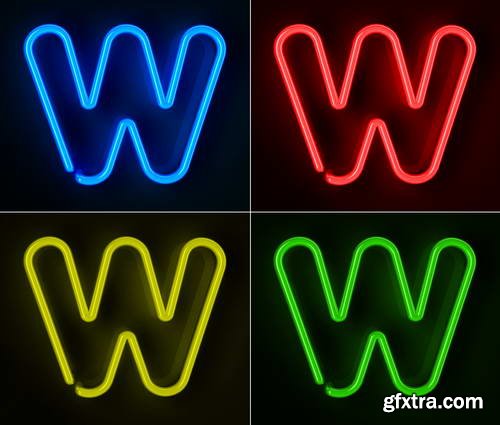 Neon Letters Rendered in 4 Colours on Dark Background 26xJPGs