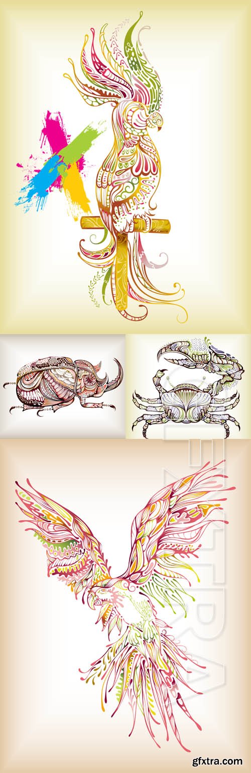 Decorative crab, beetle and parrot