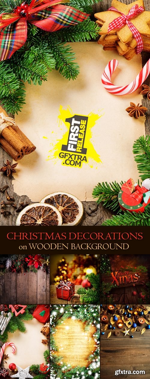 Stock Photo - Christmas, New Year Decorations on Wooden Background