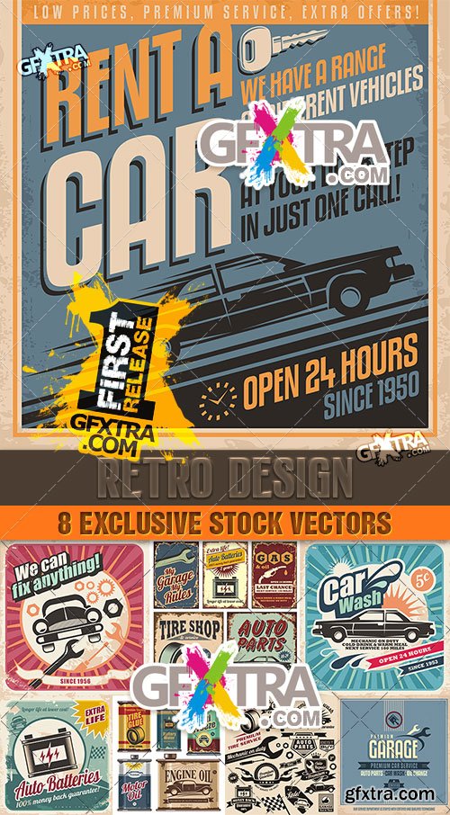 Old-fashioned posters of sixties, auto shop - Vector