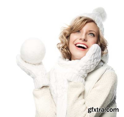 Woman in White Warm Clothing on White Background 25xJPG