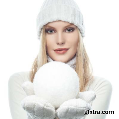 Woman in White Warm Clothing on White Background 25xJPG