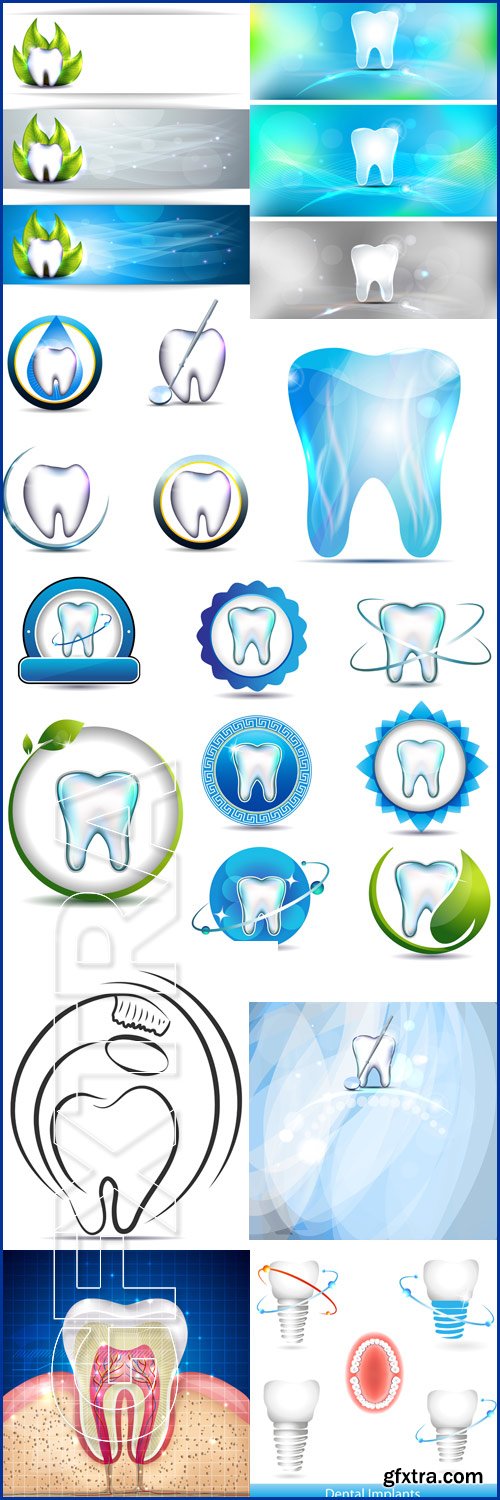 Dental banners, tooth and leaf, healthy teeth symbols, various designs Dental implants - Vektor photo