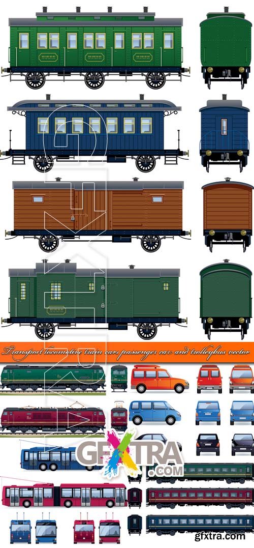 Transport locomotive train cars passenger car and trolleybus vector