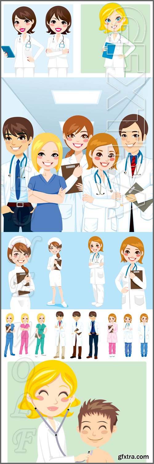 Professional Doctor Woman & Man. Woman Doctor examining little boy with stethoscope. Woman Doctor holding a medical clipboard. Beautiful Nurse-Vektor