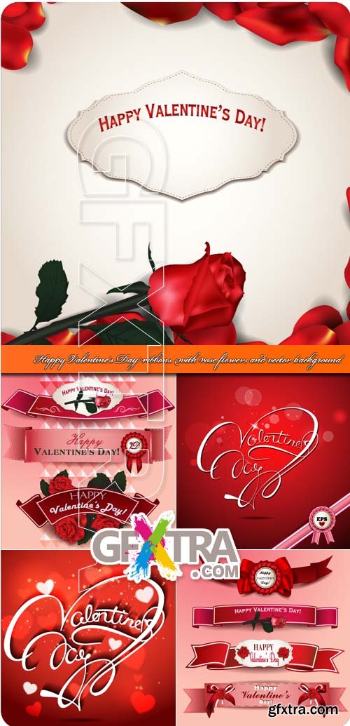 Happy Valentine's Day ribbons with rose flowers and vector background