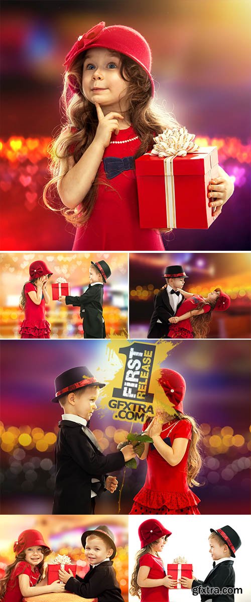 Stock Photo: Lovely little boy giving a rose to girl