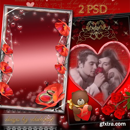 Romantic frame for photo with roses and poppies - Love is...