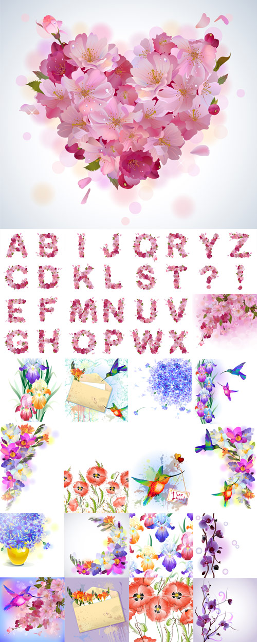 Alphabet with cherry flowers and backgrounds with spring flowers and hummingbirds