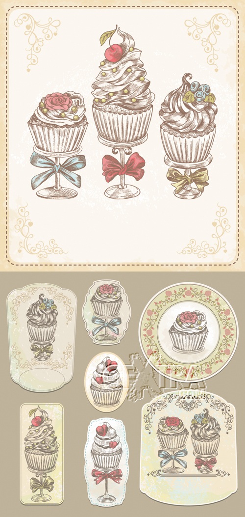 Vintage Labels with Cupcakes Vector