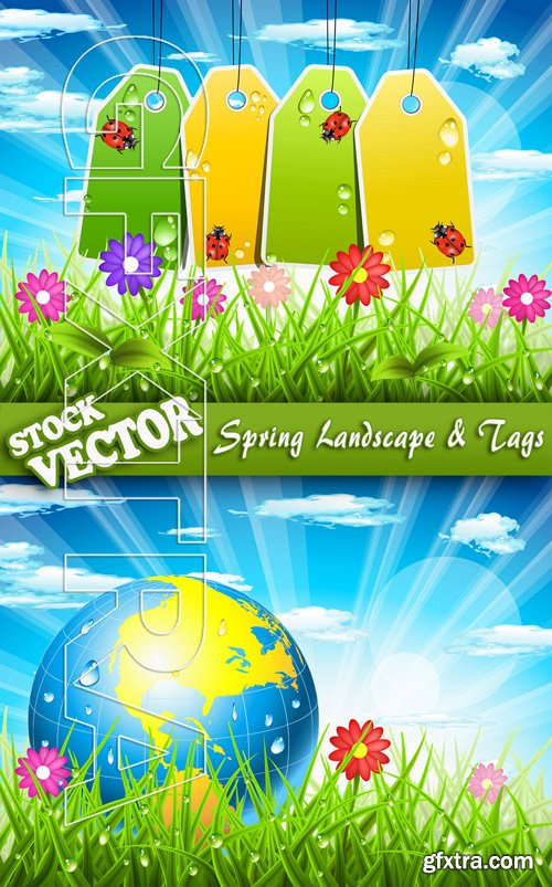 Stock Vector - Spring Landscape & Tags