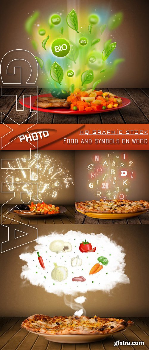 Stock Photo - Food and symbols on wood