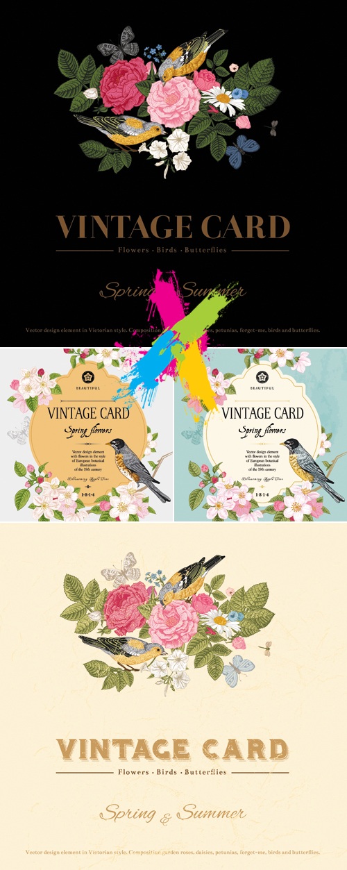 Vintage Cards with Spring or Summer Flowers Vector