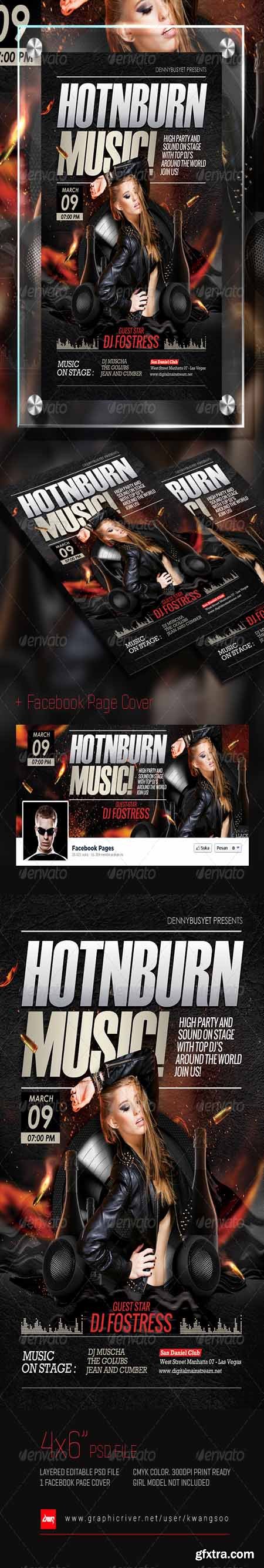 GraphicRiver - Hot And Burn Music Flyer + Facebook Cover