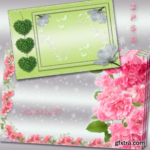 Floral frame for Photoshop - Roses and green hearts, white flowers