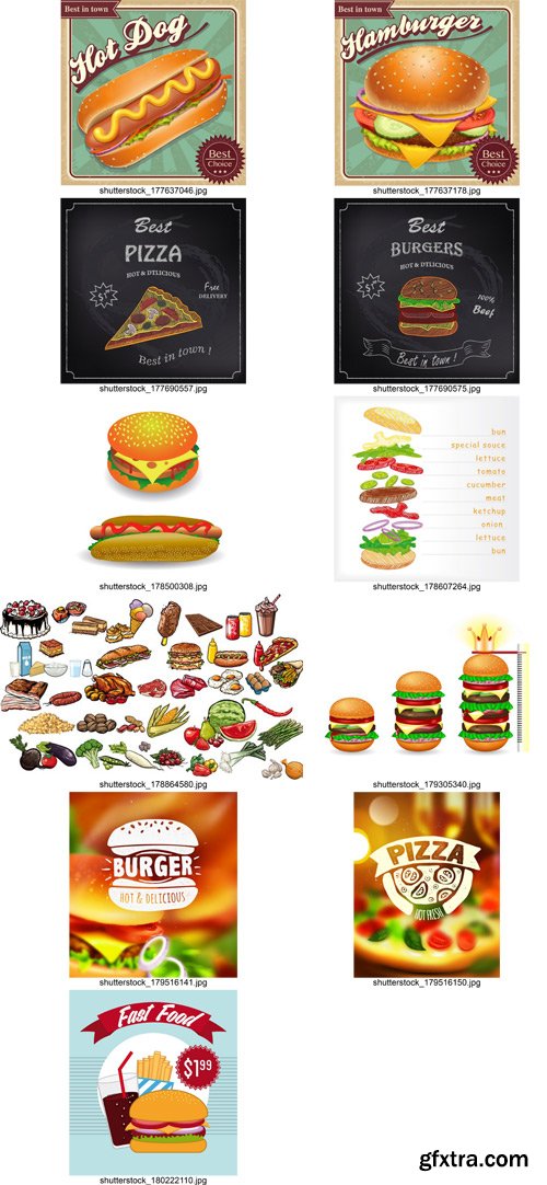 Stock Vectors - Fast Food, Hot dog, Pizza, Burgers, 25xEps