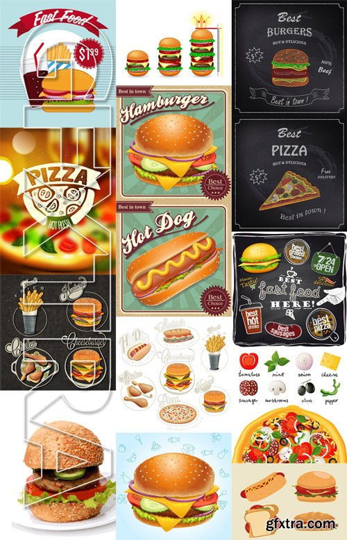 Stock Vectors - Fast Food, Hot dog, Pizza, Burgers, 25xEps