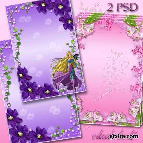 Floral frame for Photoshop - White-pink flowers and purple Clematis