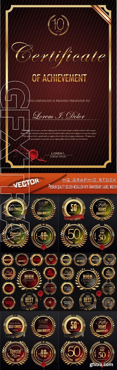 Stock Vector - Premium quality golden medallion with Anniversary laurel wreath
