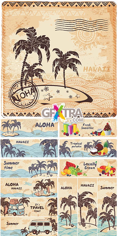 Vintage summer travel banners and background