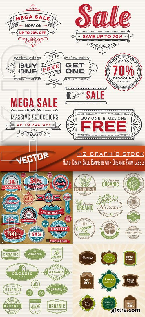 Stock Vector - Hand Drawn Sale Banners with Organic Farm Labels