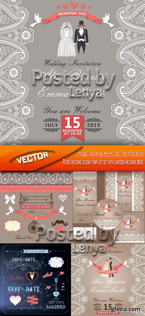 Stock Vector - Retro wedding design template set with cartoon wedding bride