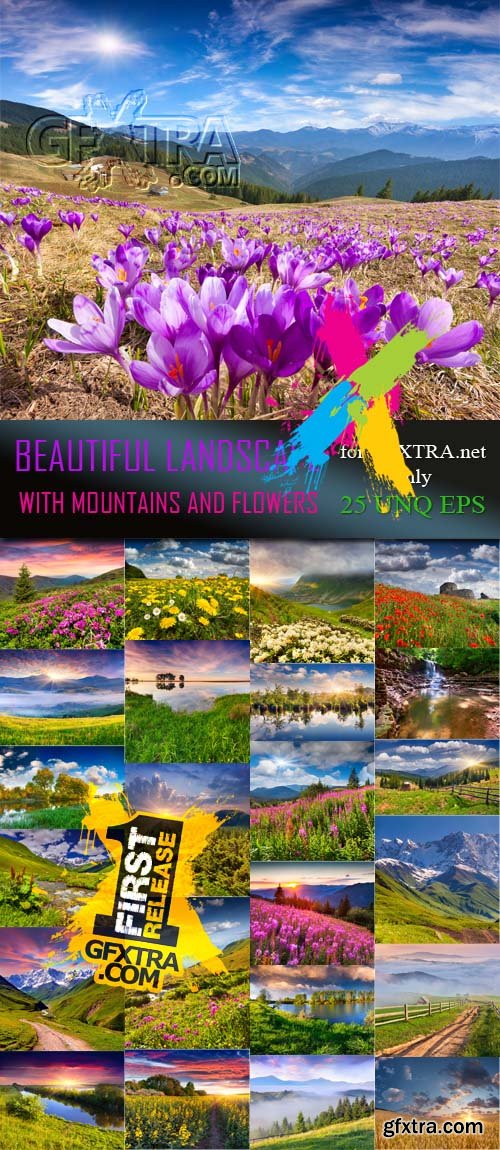 Beautiful landscape with mountains and flowers, 25xEPS