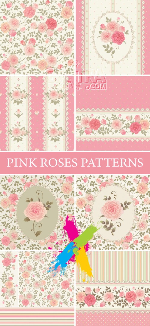 Pink Roses Patterns Cards Vector