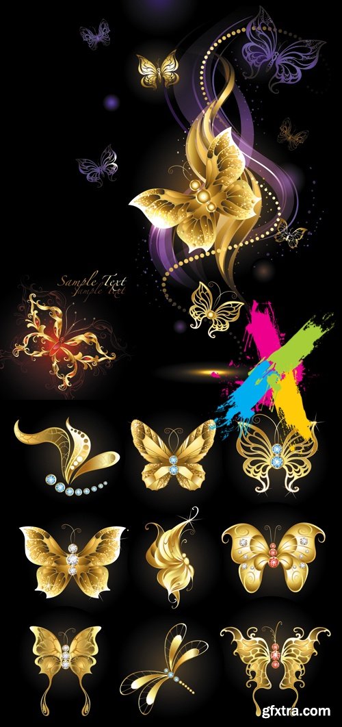 Golden Butterflies on Black Background Vector