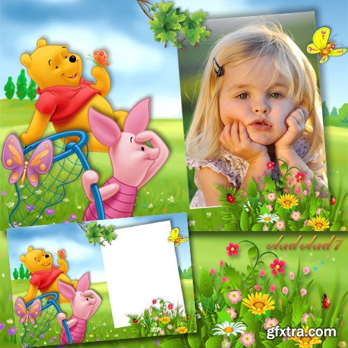 Baby frame for Photoshop - Winnie-the-Pooh, Piglet and butterflies