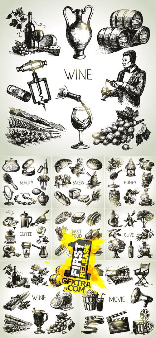 Various Vintage Hand Drawn Icons Vector