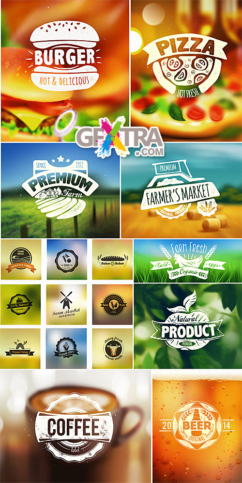 Premium products labels on blurred backgrounds