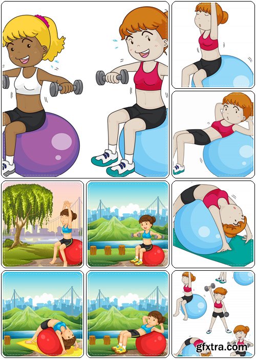 A beauty and young woman/ girls exercising with ball near the river - Vector