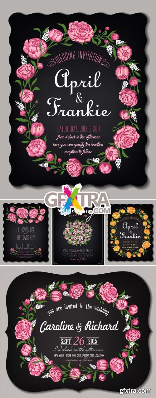 Black Wedding Invitations with Flowers Vector