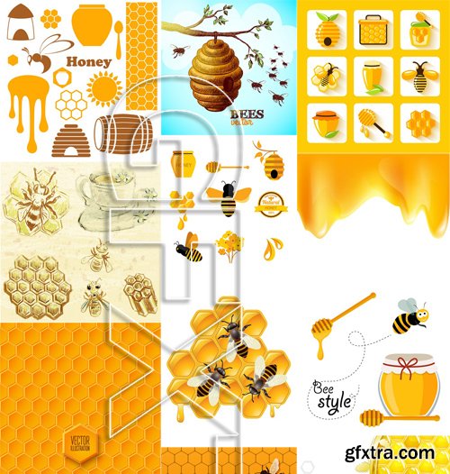 Stock Vectors - Honey, Bee, 25xEPS