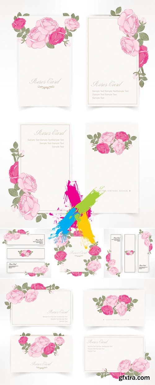 Cards with Pink Flowers Vector