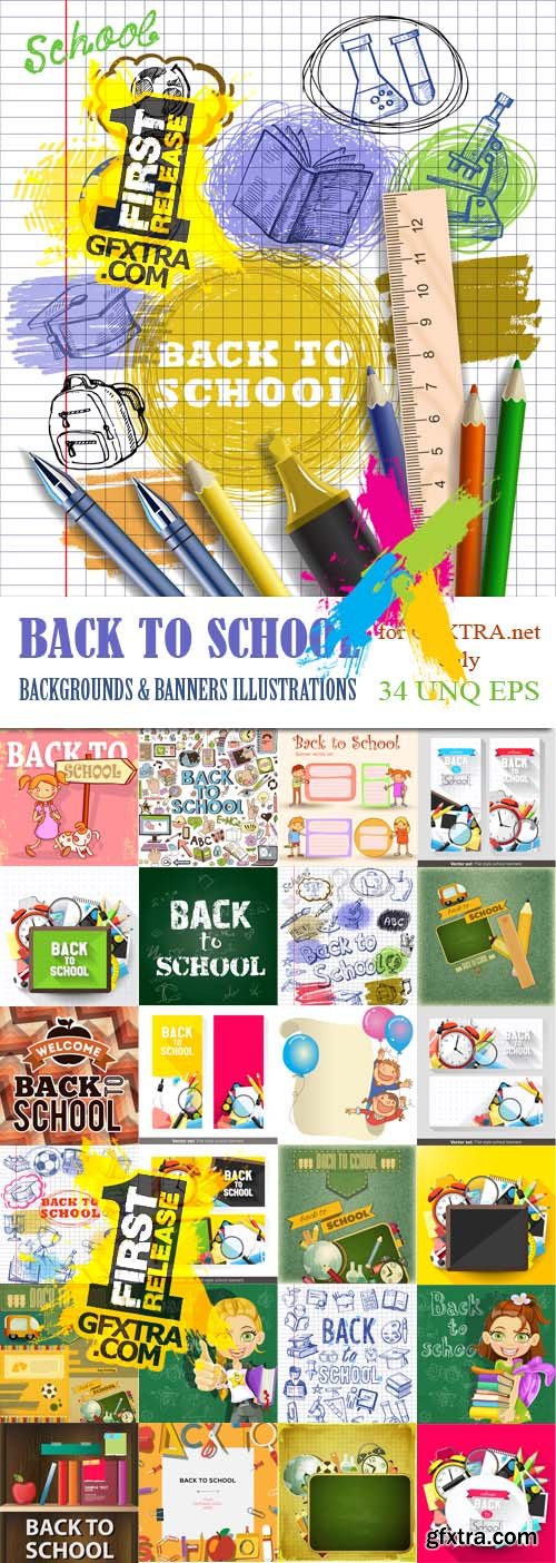 Back to school backgrounds and banners illustrations, 34xEPS