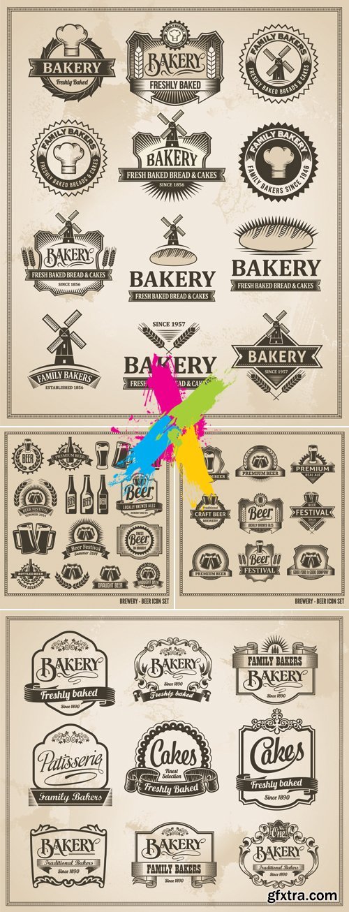 Vintage Beer & Bakery Food Icons Vector