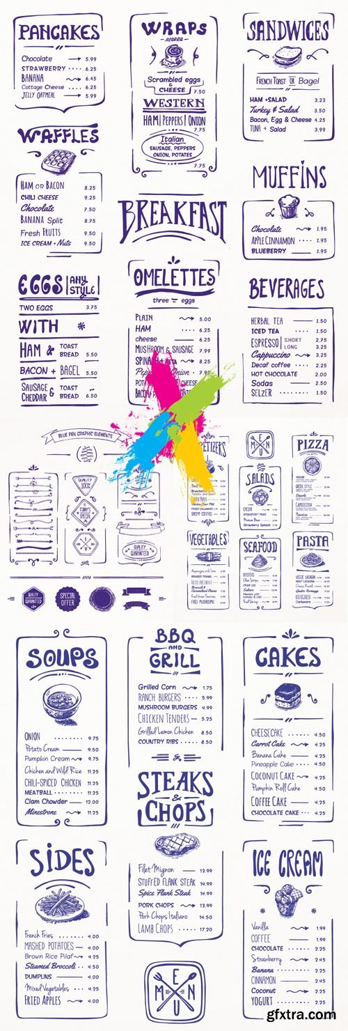 Blue Pen Drawing Style Menu Vector