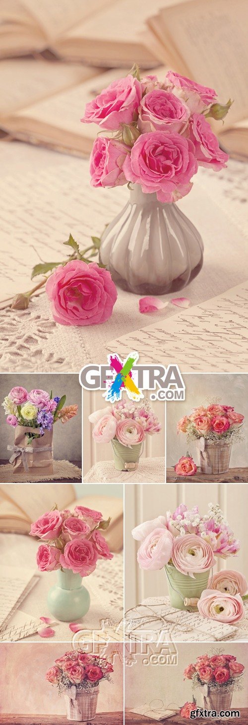 Stock Photo - Vintage Style Flowers in Vases