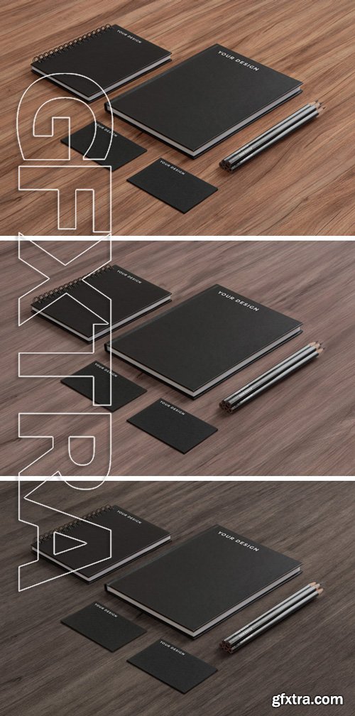 Black Paper on Wood Stationery MockUp