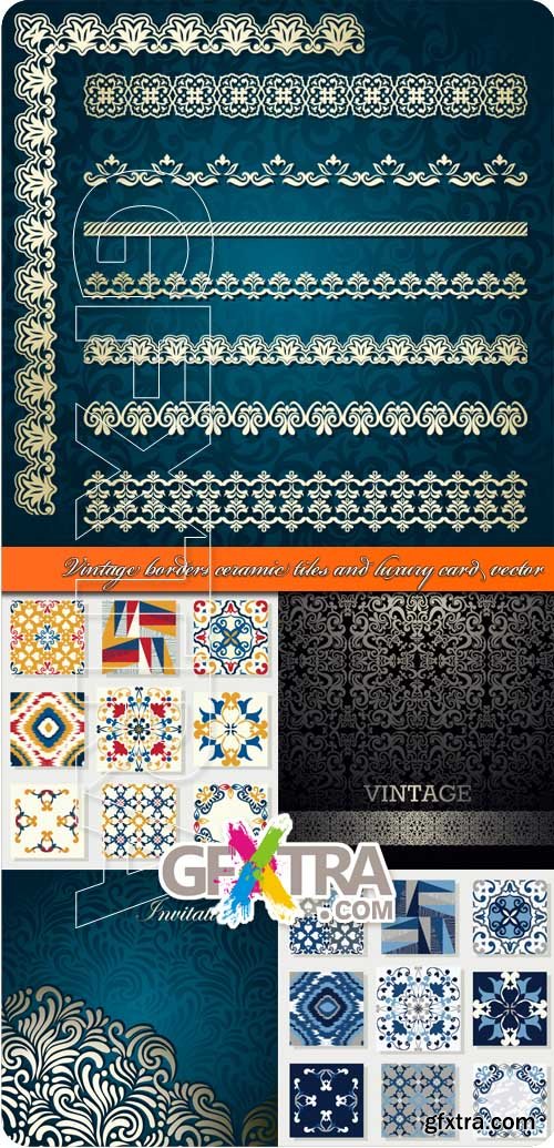 Vintage borders ceramic tiles and luxury card vector